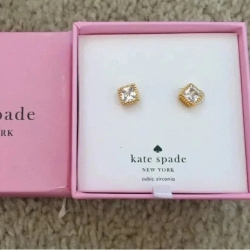 KATE SPADE Square Solitaire Crystals Gold-Tone Metal Hardware Earrings Boxed NWT